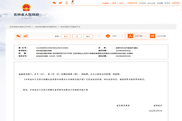 吉林省：《加力支持大規(guī)模設(shè)備更新和消費(fèi)品以舊換新實(shí)施方案》發(fā)布