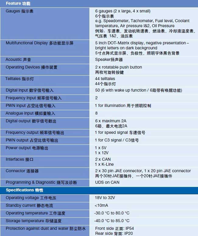 德國大陸汽車BusIC客車智能組合儀表功能表
